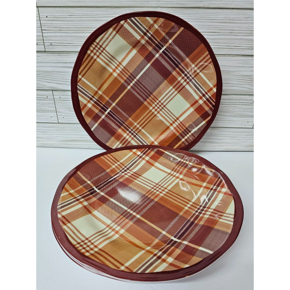 Tommy Bahama Brown Plaid 10.75" Dinner Plates Melamine SET OF 4